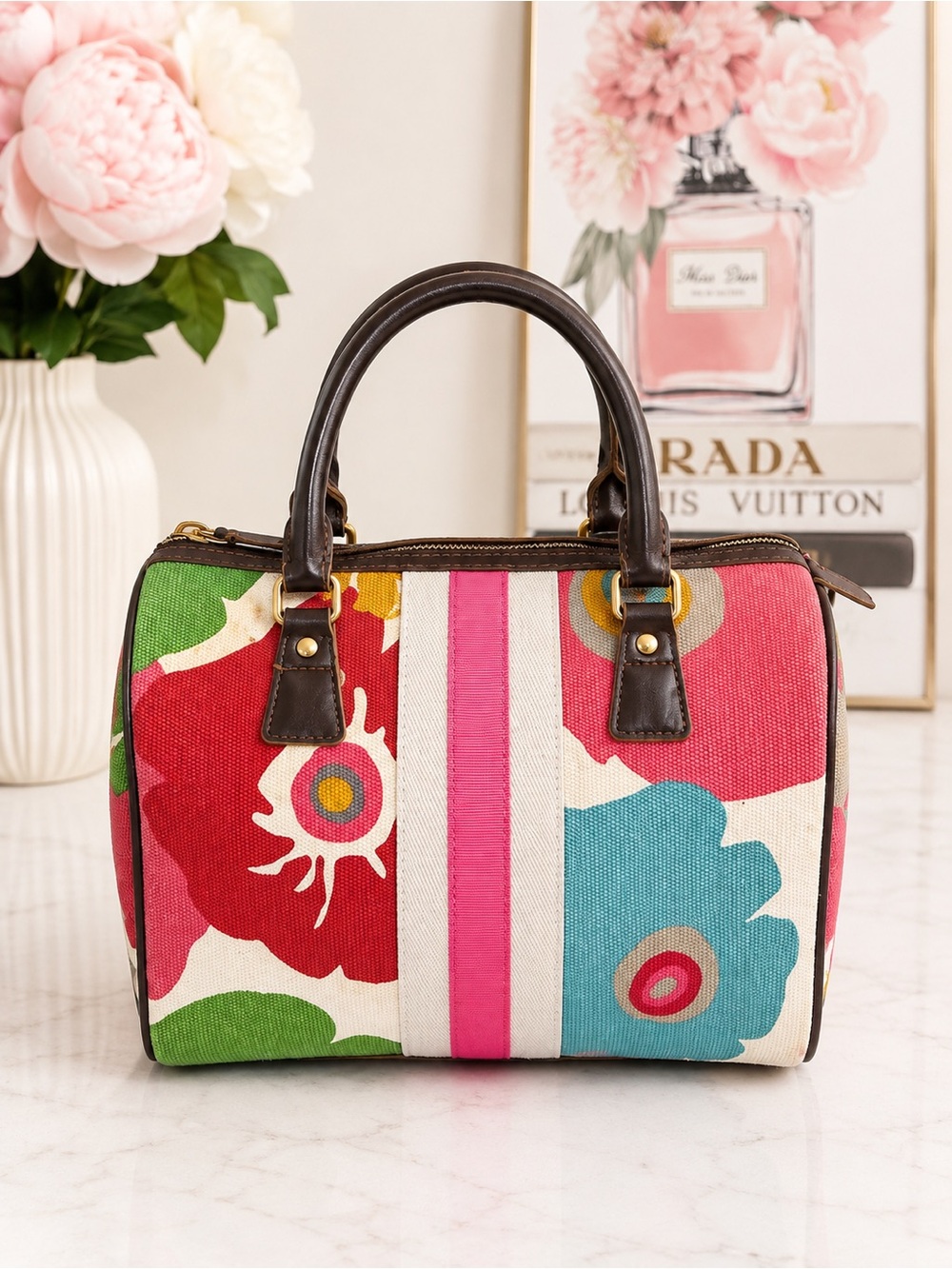 Vintage Y2K Victoria’s Secret Floral Canvas Satchel Handbag Striped Bowling bag